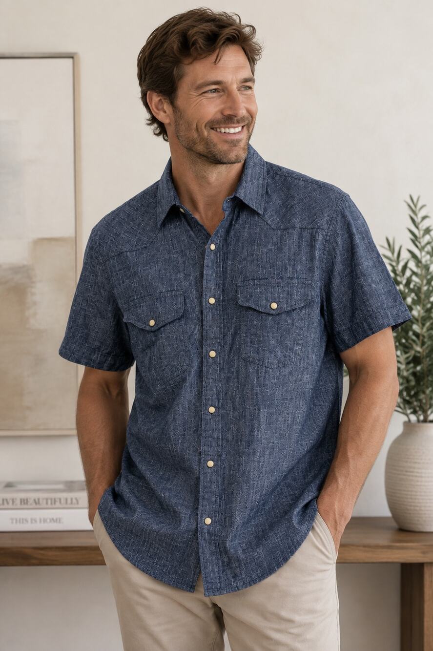 Lucky Brand Men's L Classic Fit Thick Denim Chambray Western Pearl Snap Shirt